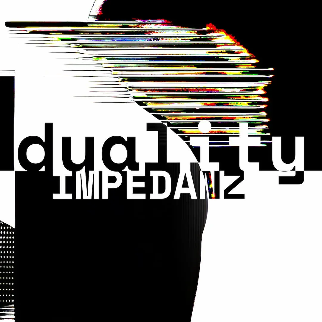 A black and white glitched image with a few colorful elements