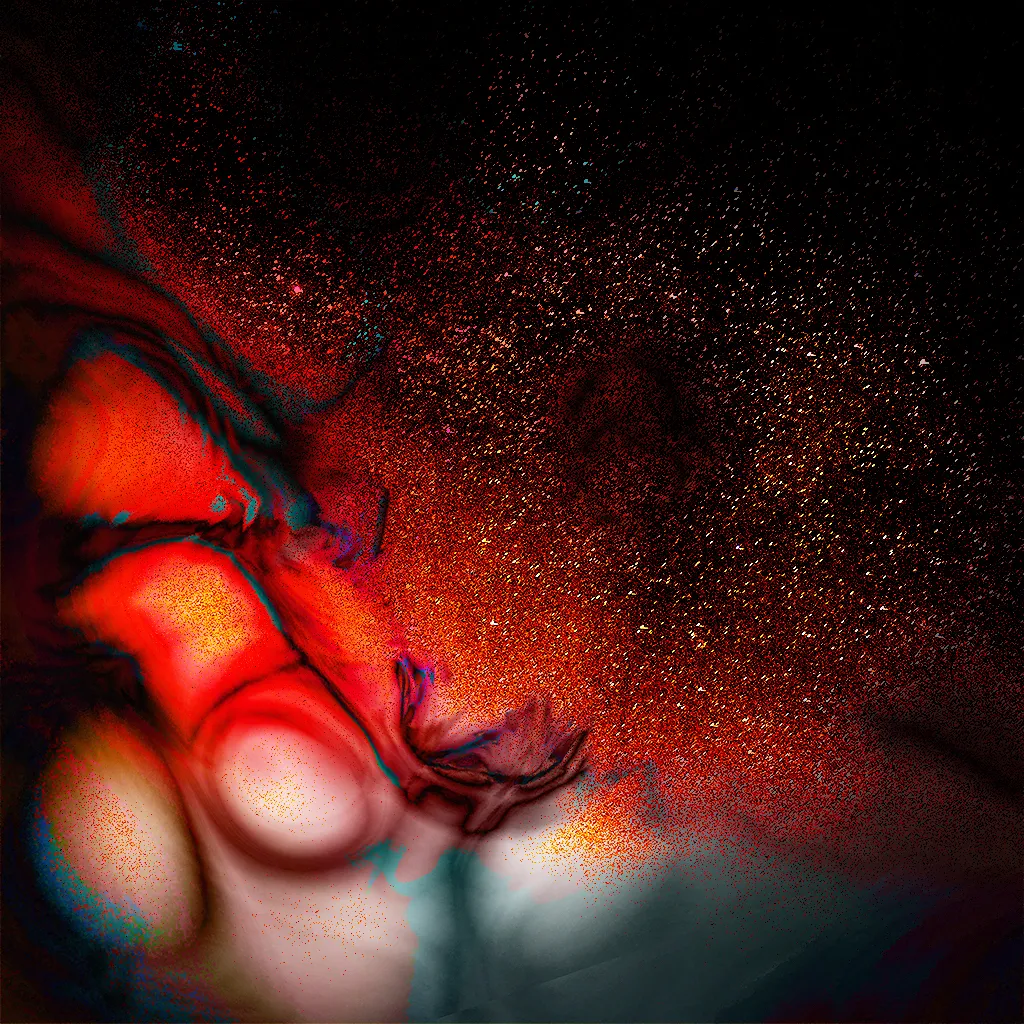 A stylized image of a galaxy with red and blue colors.